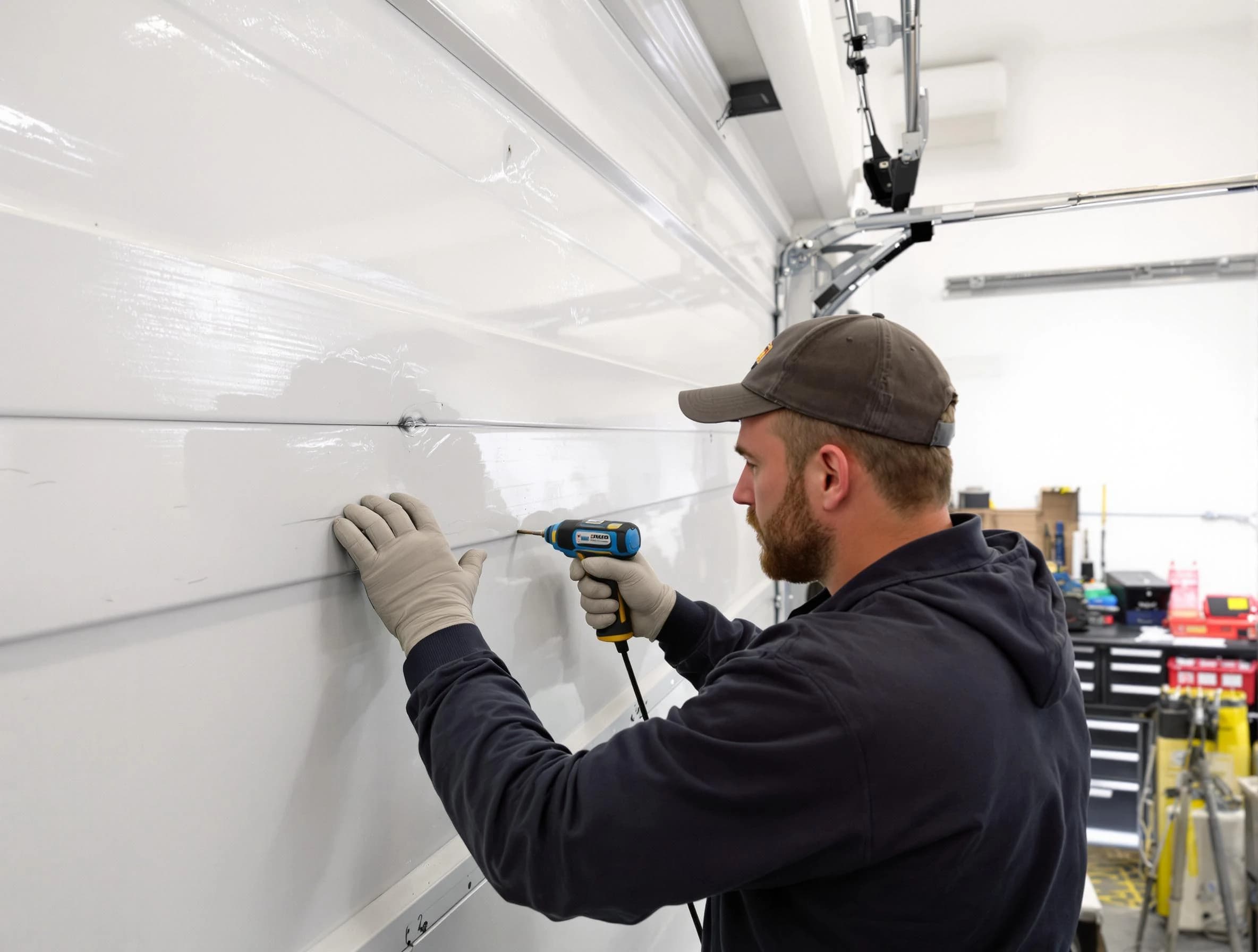 Orangetown Garage Door Repair technician demonstrating precision dent removal techniques on a Orangetown garage door